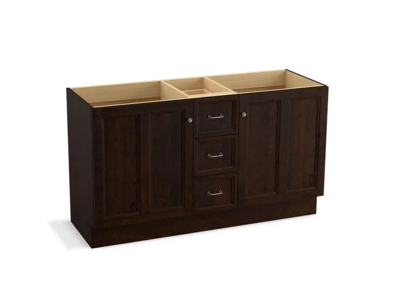 KOHLER K-99524-TKSD-1WA Damask 60" bathroom vanity cabinet with toe kick, 2 doors and 3 drawers, split top drawer