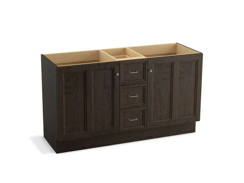 KOHLER K-99524-TKSD-1WA Damask 60" bathroom vanity cabinet with toe kick, 2 doors and 3 drawers, split top drawer