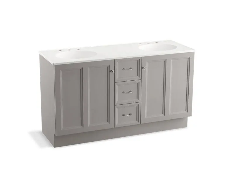 KOHLER K-99524-TKSD-1WA Damask 60" bathroom vanity cabinet with toe kick, 2 doors and 3 drawers, split top drawer