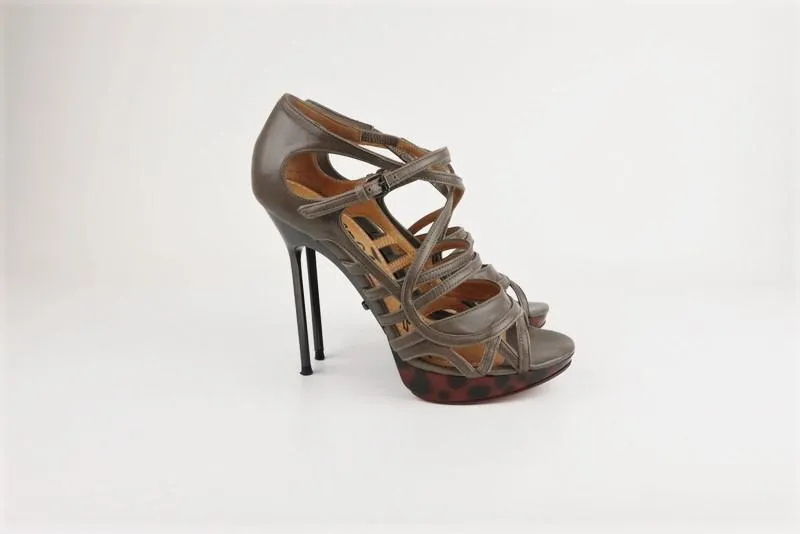 Lanvin Tortoiseshell Platform Sandal Taupe Gray Leather Size 39 Open Toe Heel