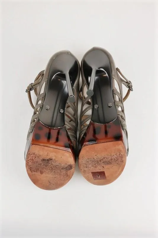 Lanvin Tortoiseshell Platform Sandal Taupe Gray Leather Size 39 Open Toe Heel