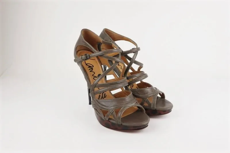 Lanvin Tortoiseshell Platform Sandal Taupe Gray Leather Size 39 Open Toe Heel