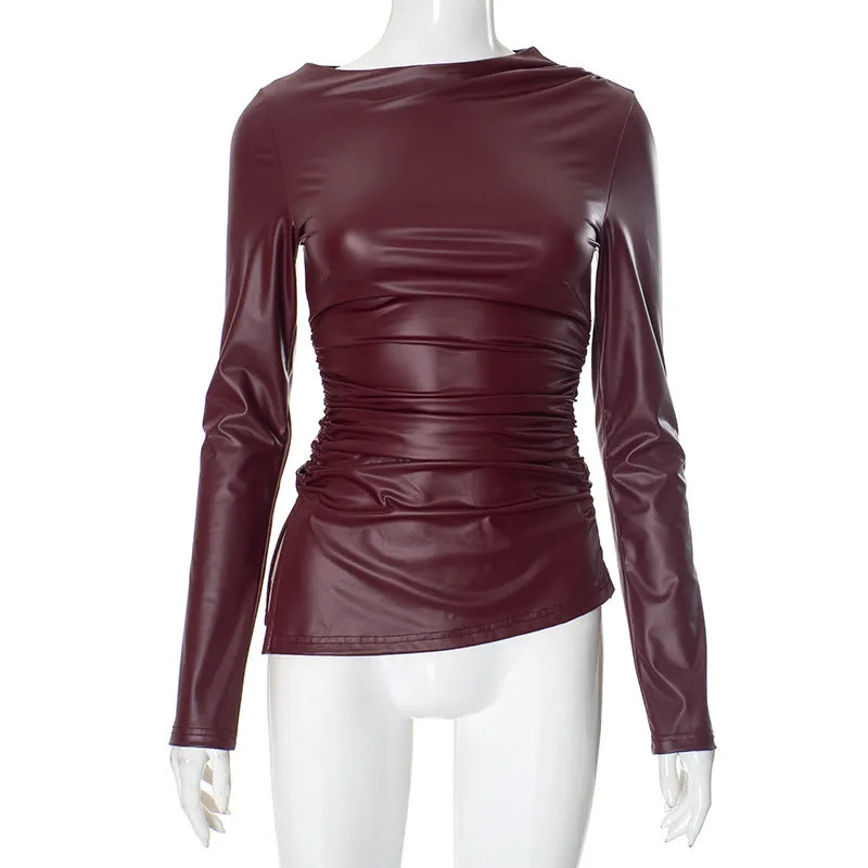 Long Sleeve Boat Neck Faux Leather Top