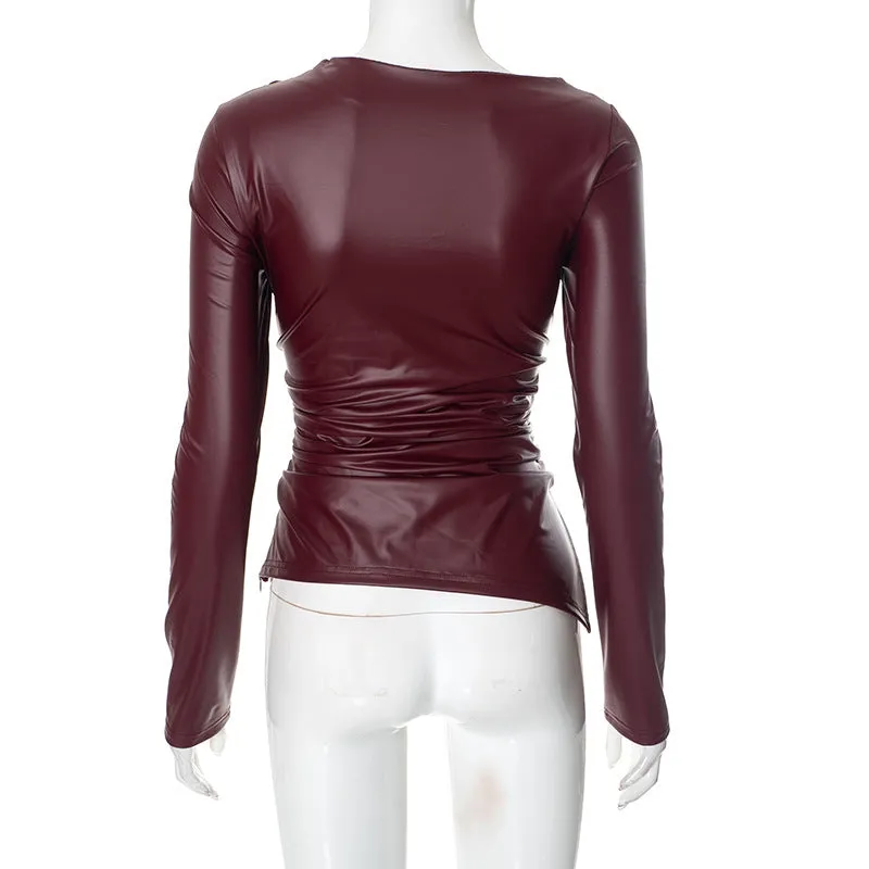 Long Sleeve Boat Neck Faux Leather Top