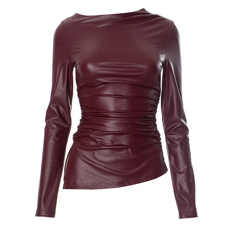 Long Sleeve Boat Neck Faux Leather Top