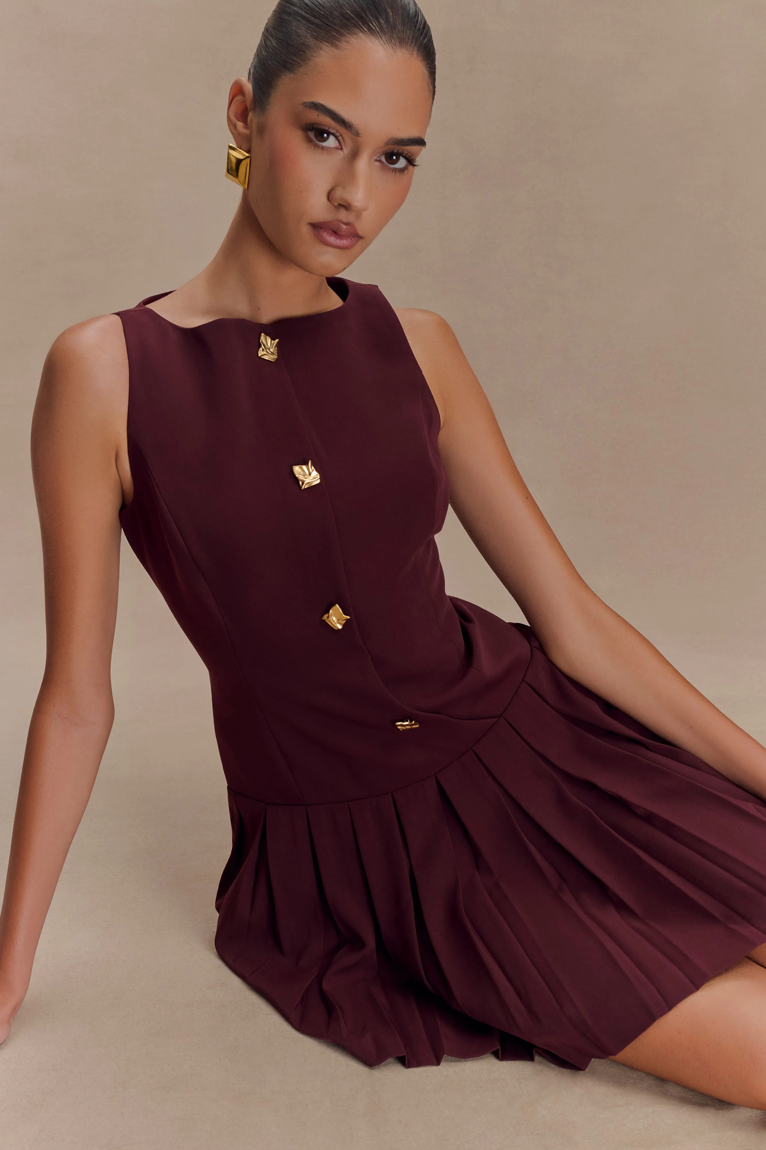 Mackenzie Sleeveless Pleated Mini Dress - Mahogany