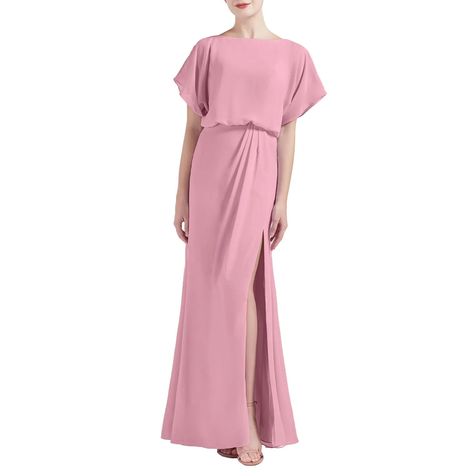 MACloth Women Chic Kimono Boat Neck Long Bridesmaid Dresses Slit