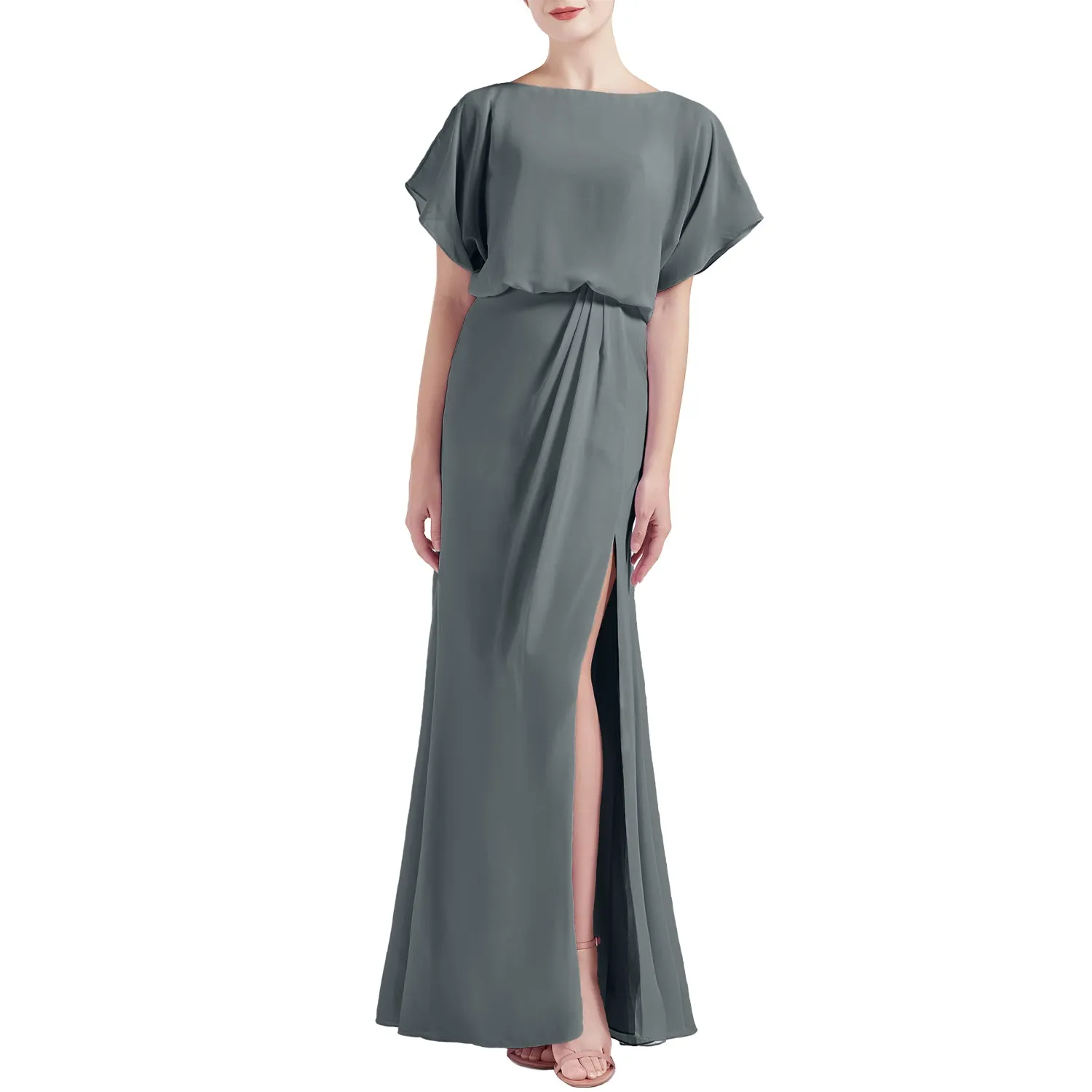 MACloth Women Chic Kimono Boat Neck Long Bridesmaid Dresses Slit