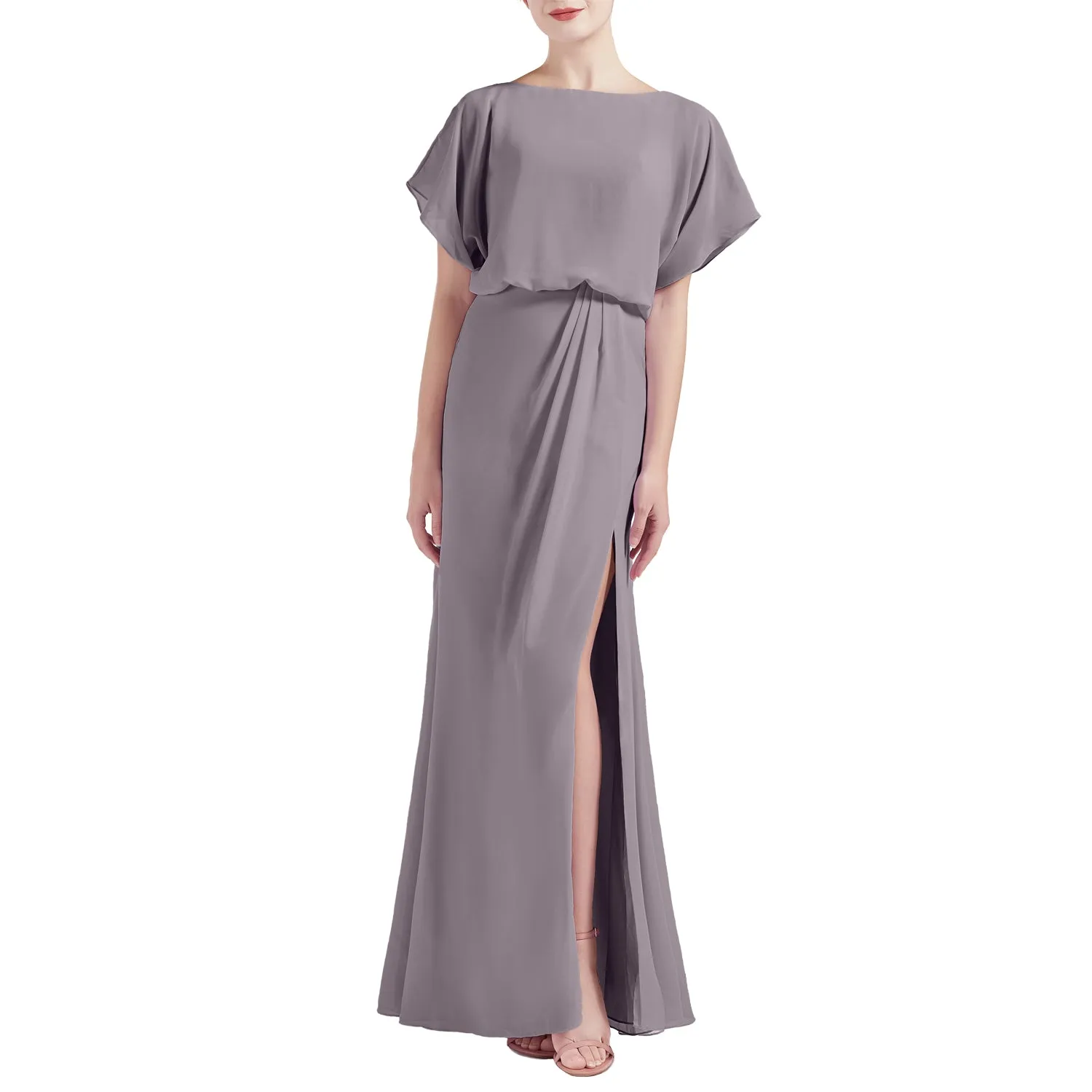 MACloth Women Chic Kimono Boat Neck Long Bridesmaid Dresses Slit
