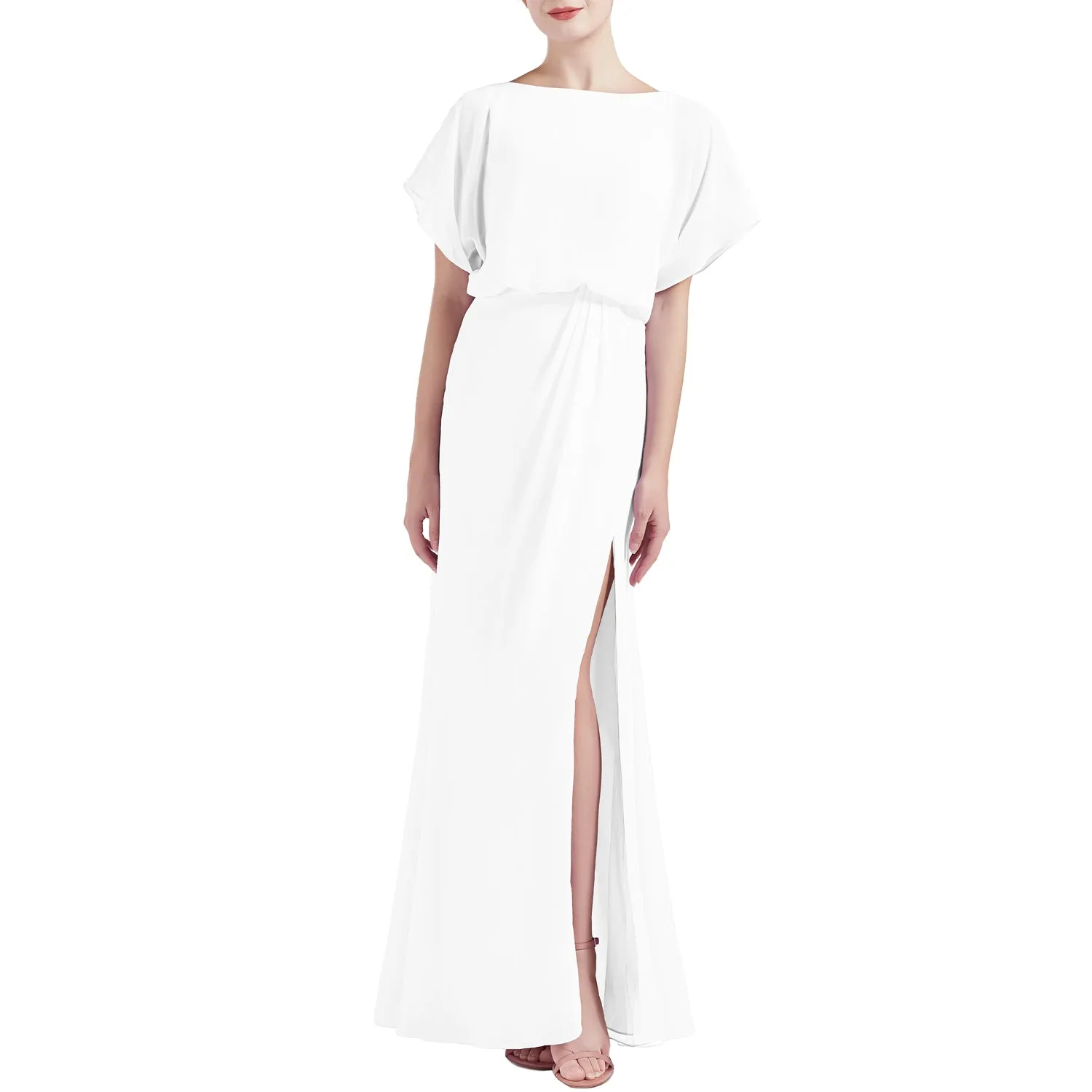 MACloth Women Chic Kimono Boat Neck Long Bridesmaid Dresses Slit