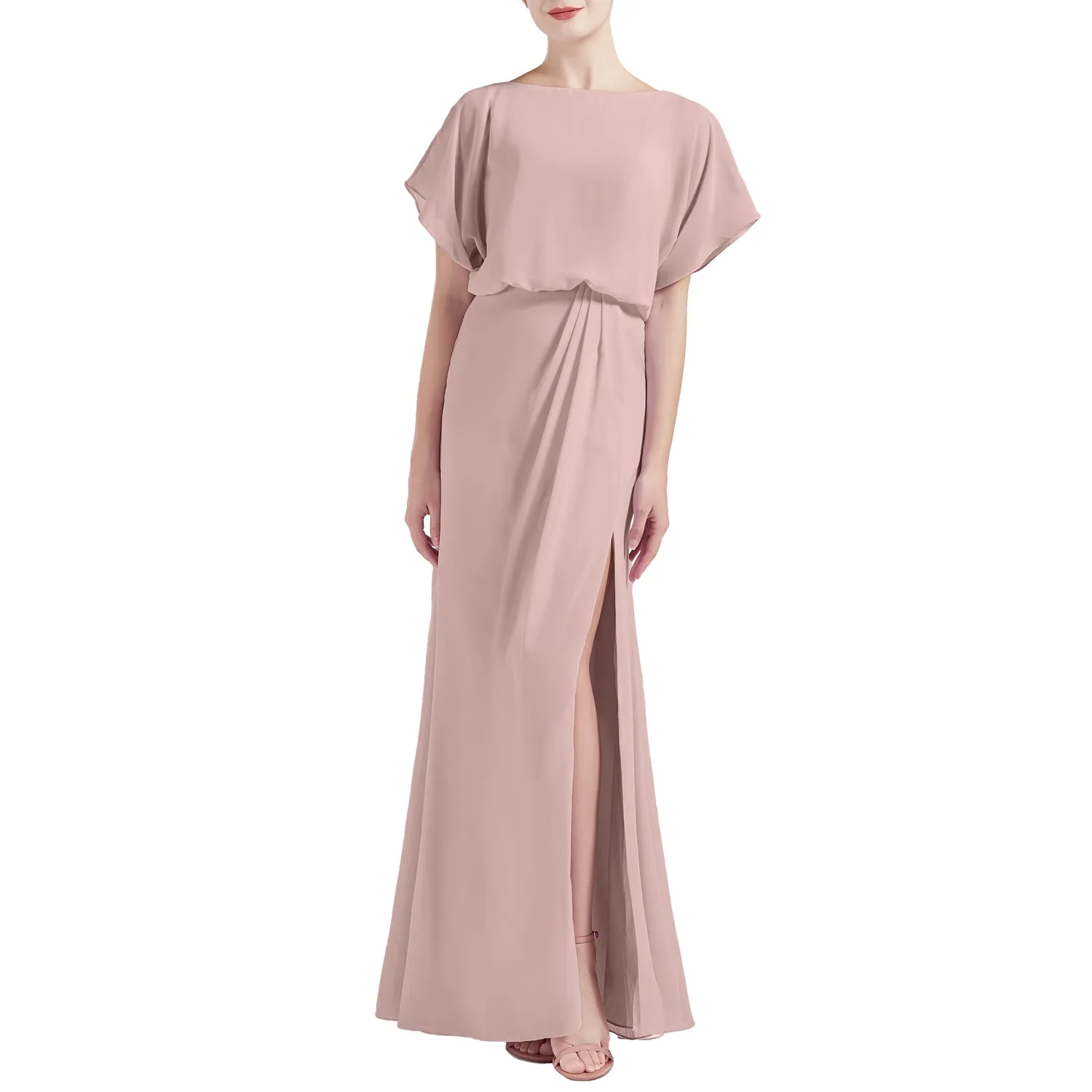 MACloth Women Chic Kimono Boat Neck Long Bridesmaid Dresses Slit