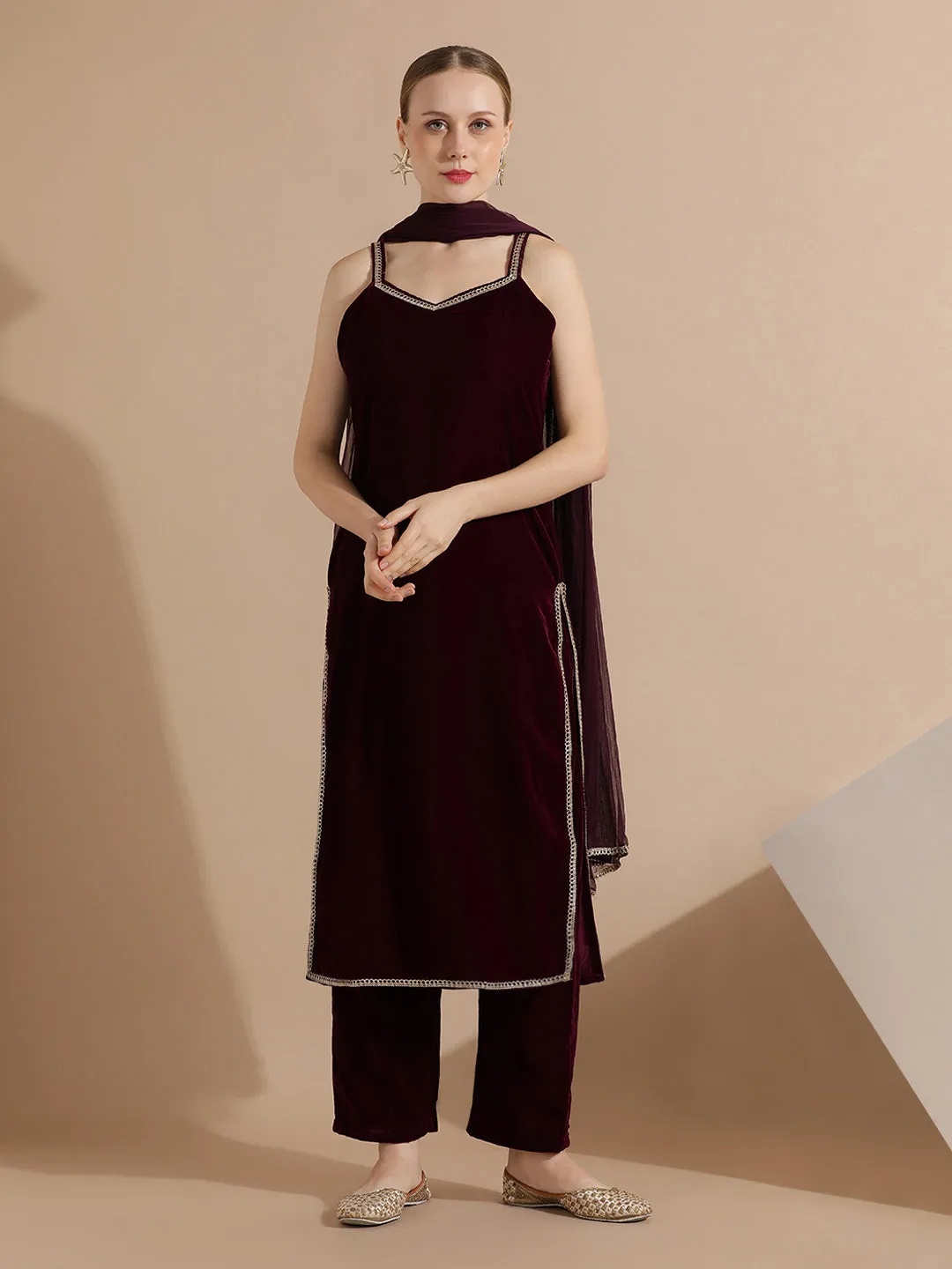 Maroon Velvet Solid Kurta Set With Dupatta