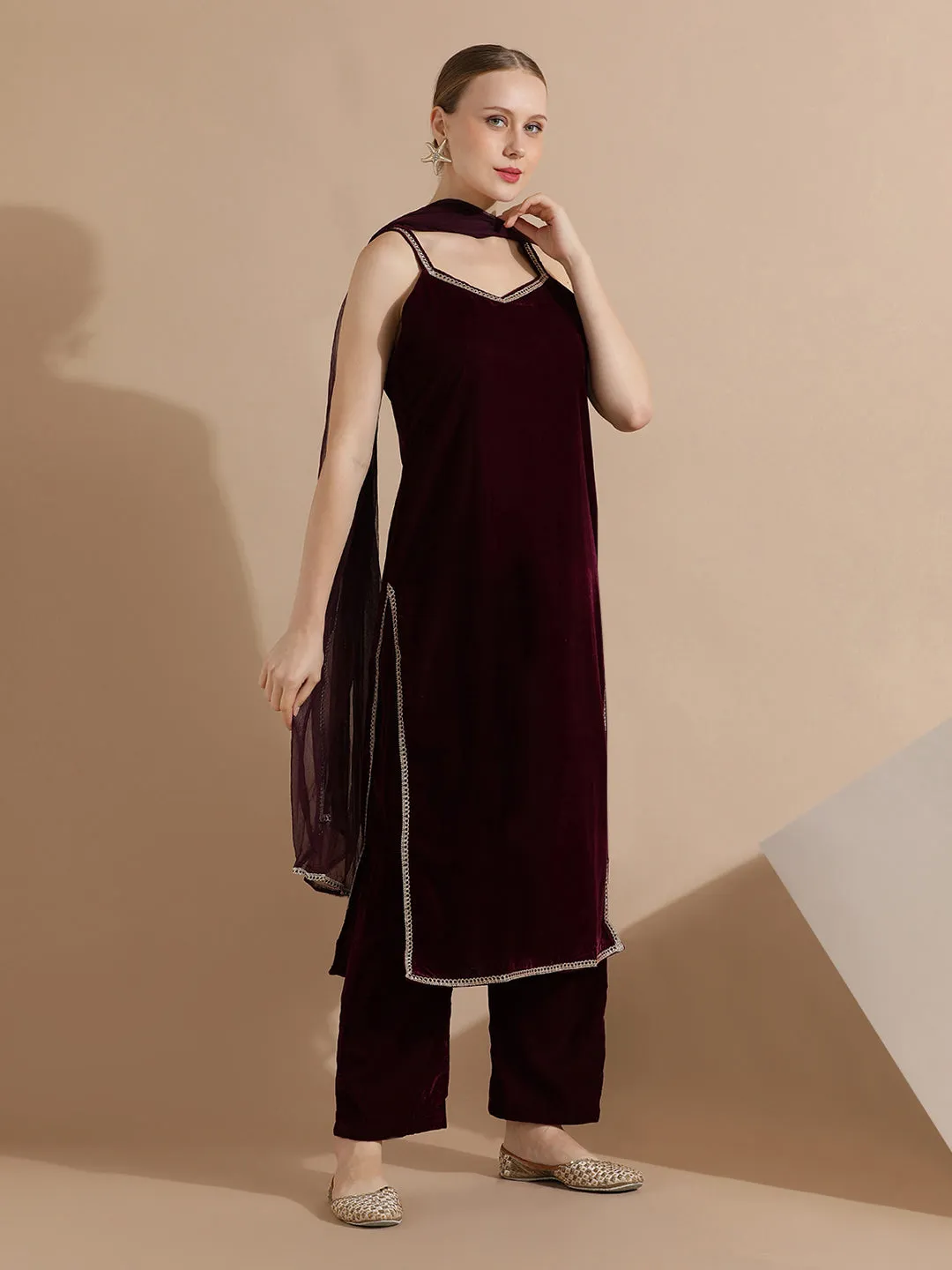 Maroon Velvet Solid Kurta Set With Dupatta