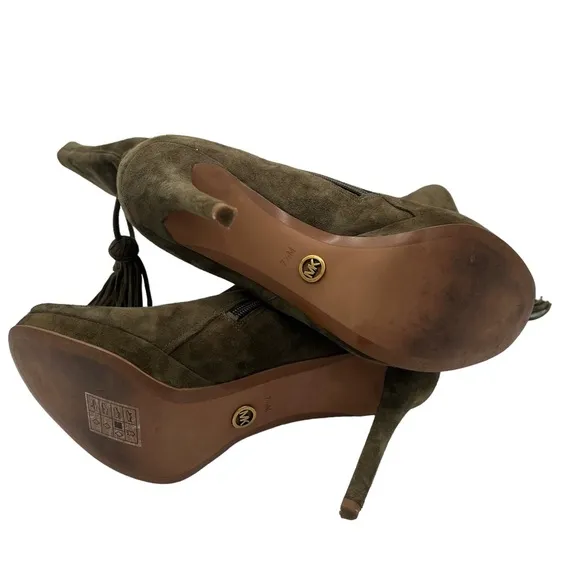 Michael Michael Kors Women's Rosalie Open Toe Suede Bootie Olive Size 7.5