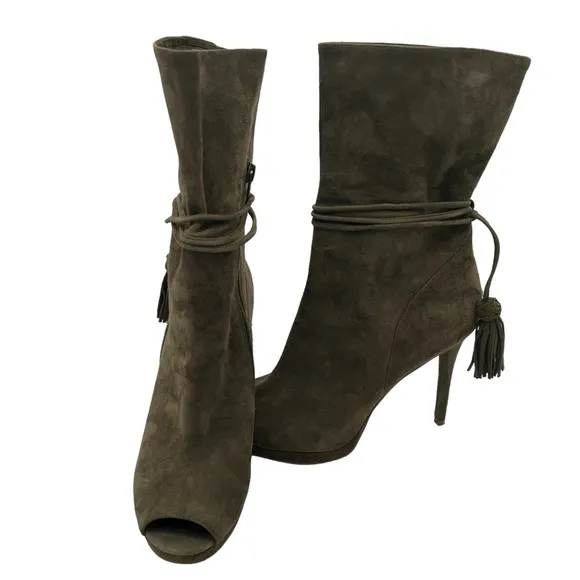 Michael Michael Kors Women's Rosalie Open Toe Suede Bootie Olive Size 7.5