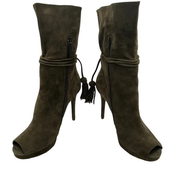 Michael Michael Kors Women's Rosalie Open Toe Suede Bootie Olive Size 7.5