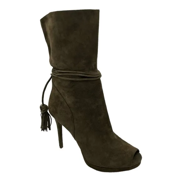 Michael Michael Kors Women's Rosalie Open Toe Suede Bootie Olive Size 7.5