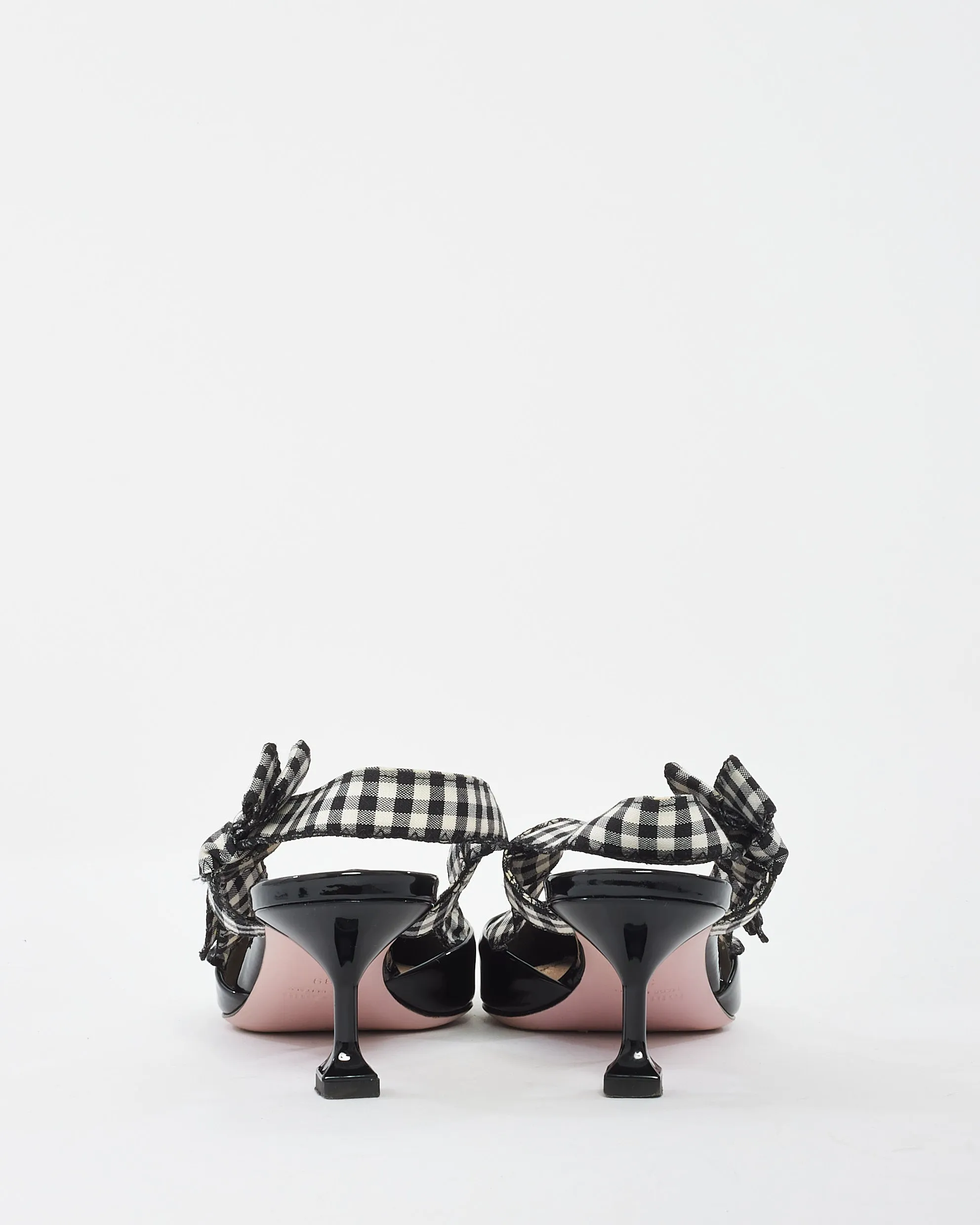 Miu Miu Black Patent Point Toe Plaid Bow Sling Back Kitten Heel - 39