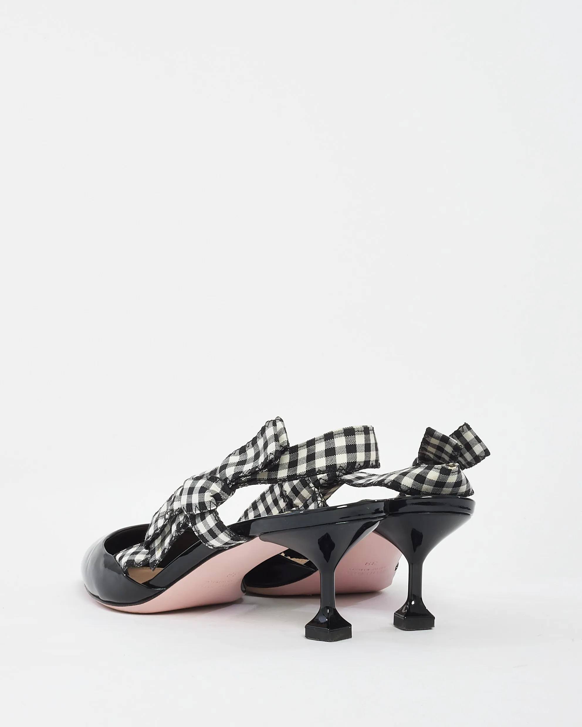Miu Miu Black Patent Point Toe Plaid Bow Sling Back Kitten Heel - 39