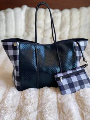 Neoprene Tote Bag -- Black with Black & White Buffalo Check Sides