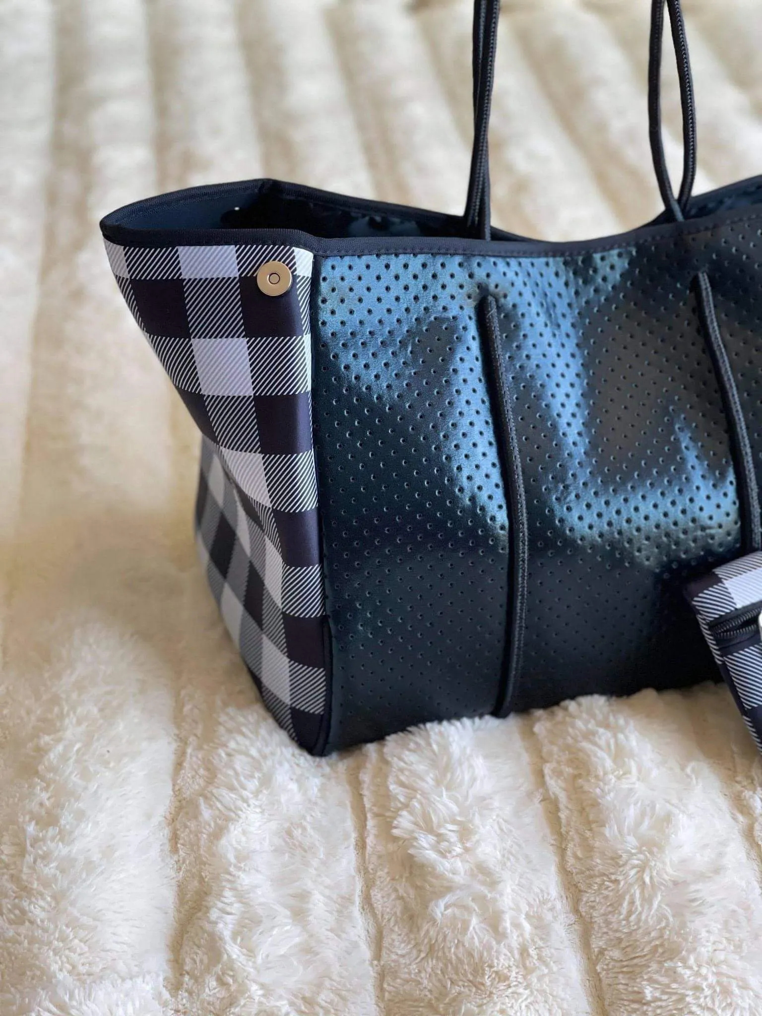 Neoprene Tote Bag -- Black with Black & White Buffalo Check Sides