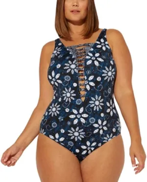 New with tags! Bleu Rod Beattie NAVY MULTI Take A Dip Strappy One-Piece Swimsuit, PLUS 18W, Retails $145 