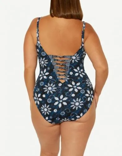 New with tags! Bleu Rod Beattie NAVY MULTI Take A Dip Strappy One-Piece Swimsuit, PLUS 18W, Retails $145 