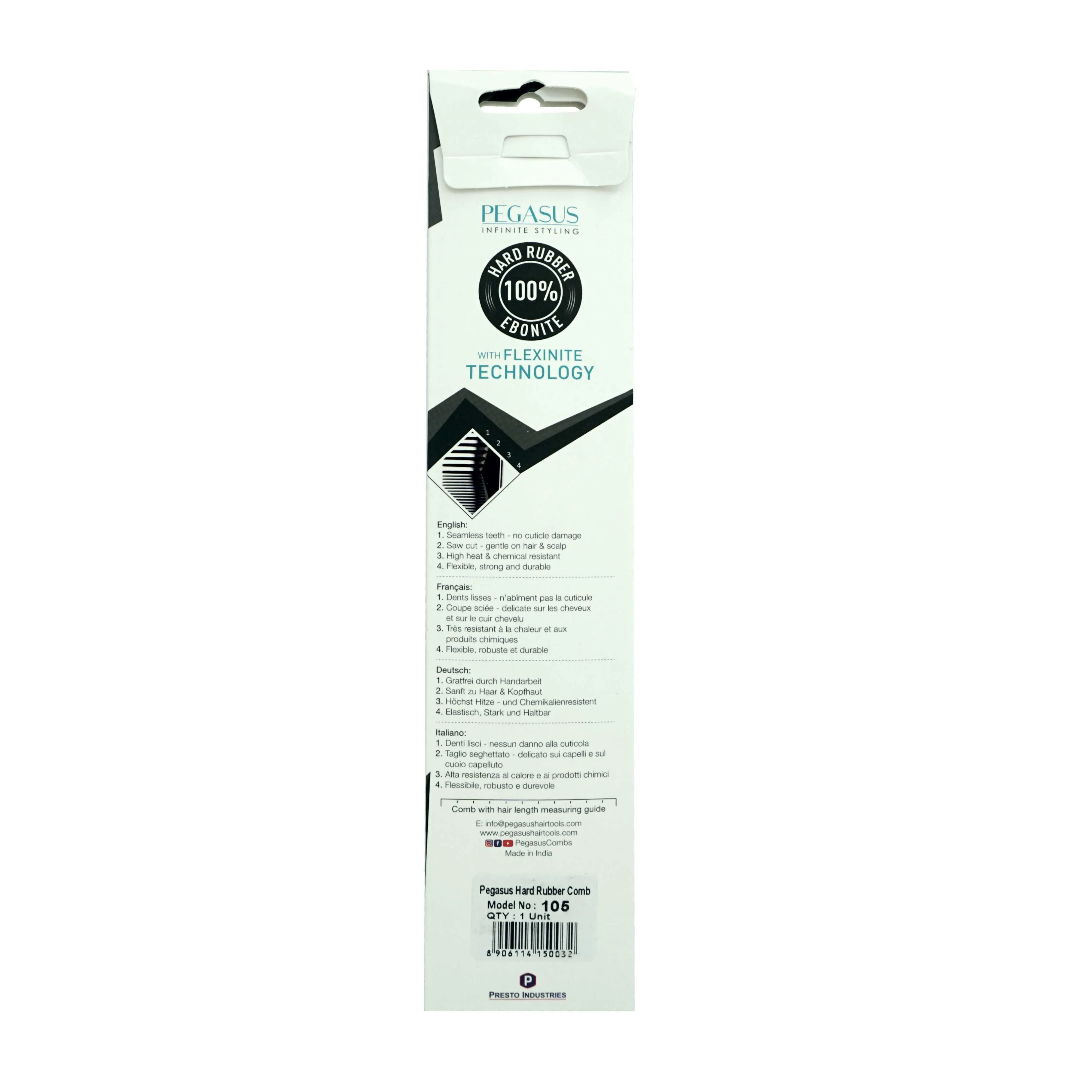 Pegasus 105, 9.5in, Hard Rubber Pintail Tease Comb, Smooth Edges, Anti Static, Heat and Chemically Resistant, Stainless Steel Pin, Great for Parting, Coloring Hair | Peines de goma dura - Black
