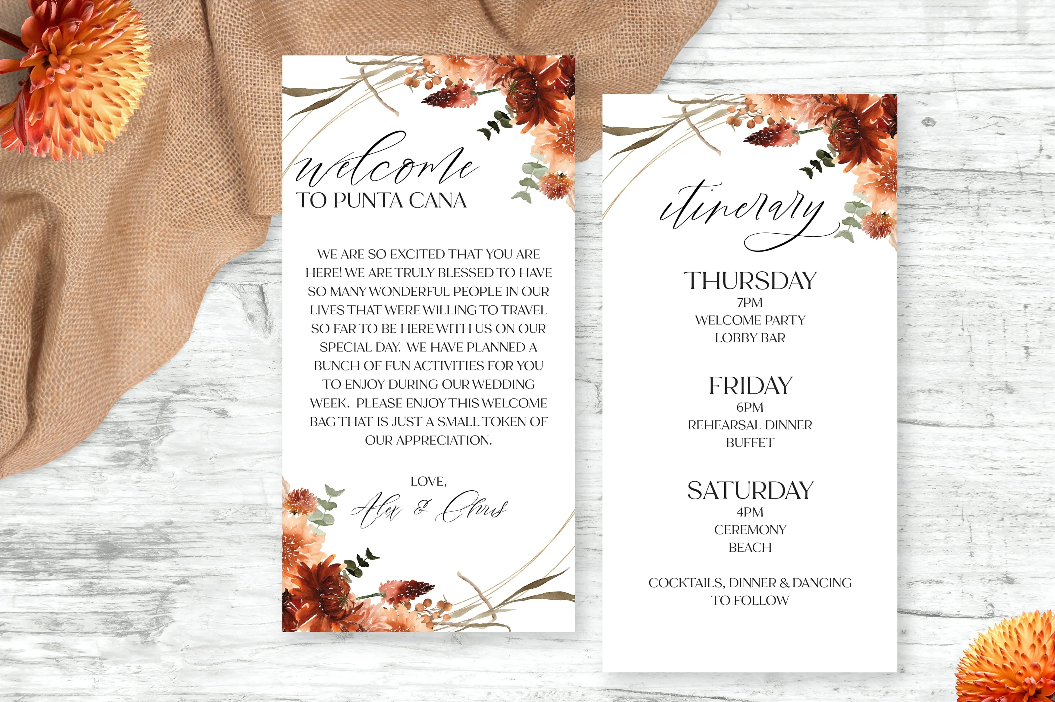 Personalized Wedding Welcome Letter & Itinerary - Boho Burnt Orange