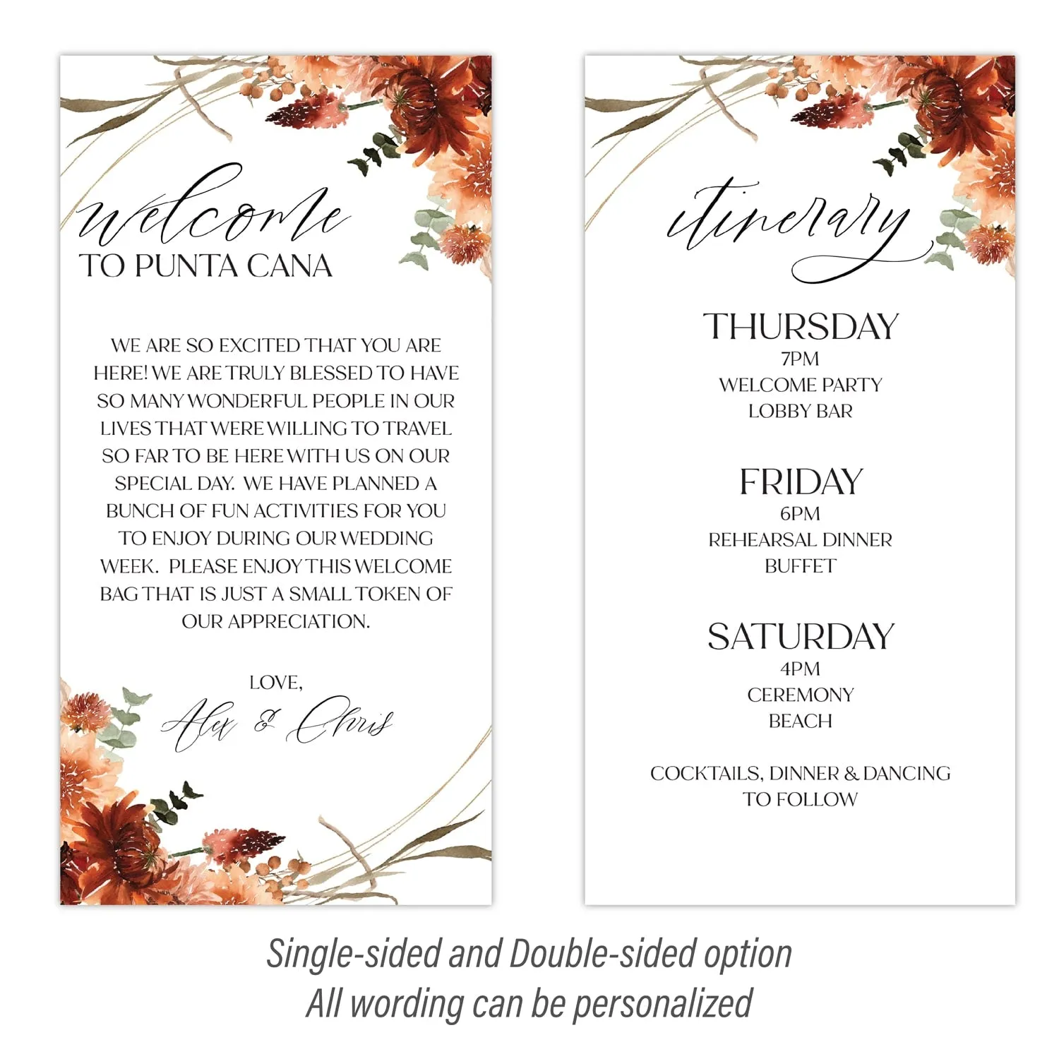 Personalized Wedding Welcome Letter & Itinerary - Boho Burnt Orange