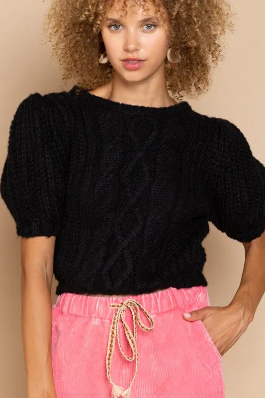POL Puff Sleeve Cable Pullover Sweater