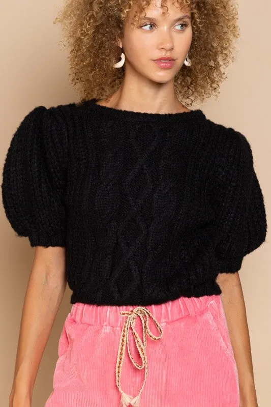POL Puff Sleeve Cable Pullover Sweater