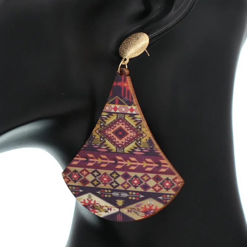 Purple Boho Chic Geometric Pattern Wooden Earrings