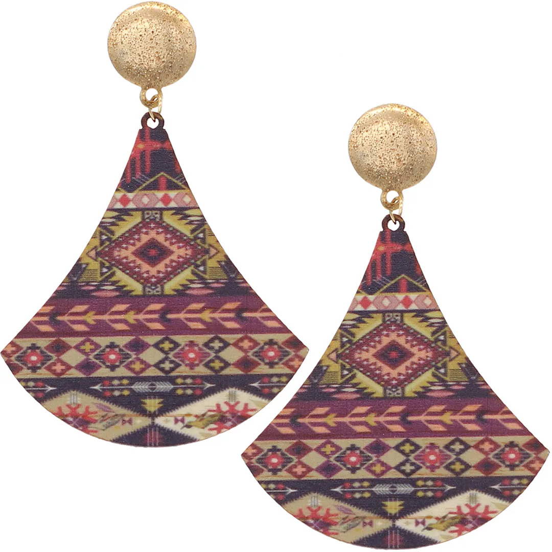 Purple Boho Chic Geometric Pattern Wooden Earrings