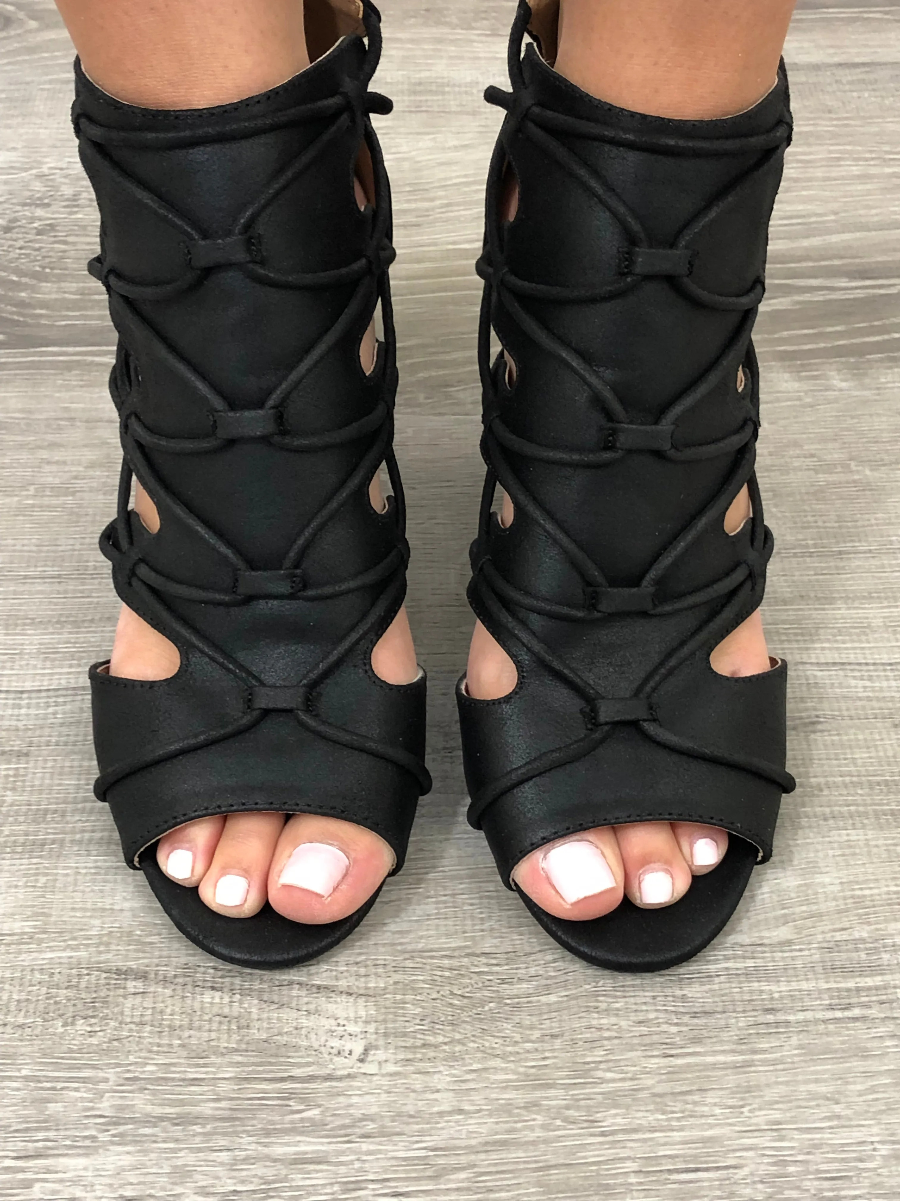 Qupid Black Peep Toe Bootie