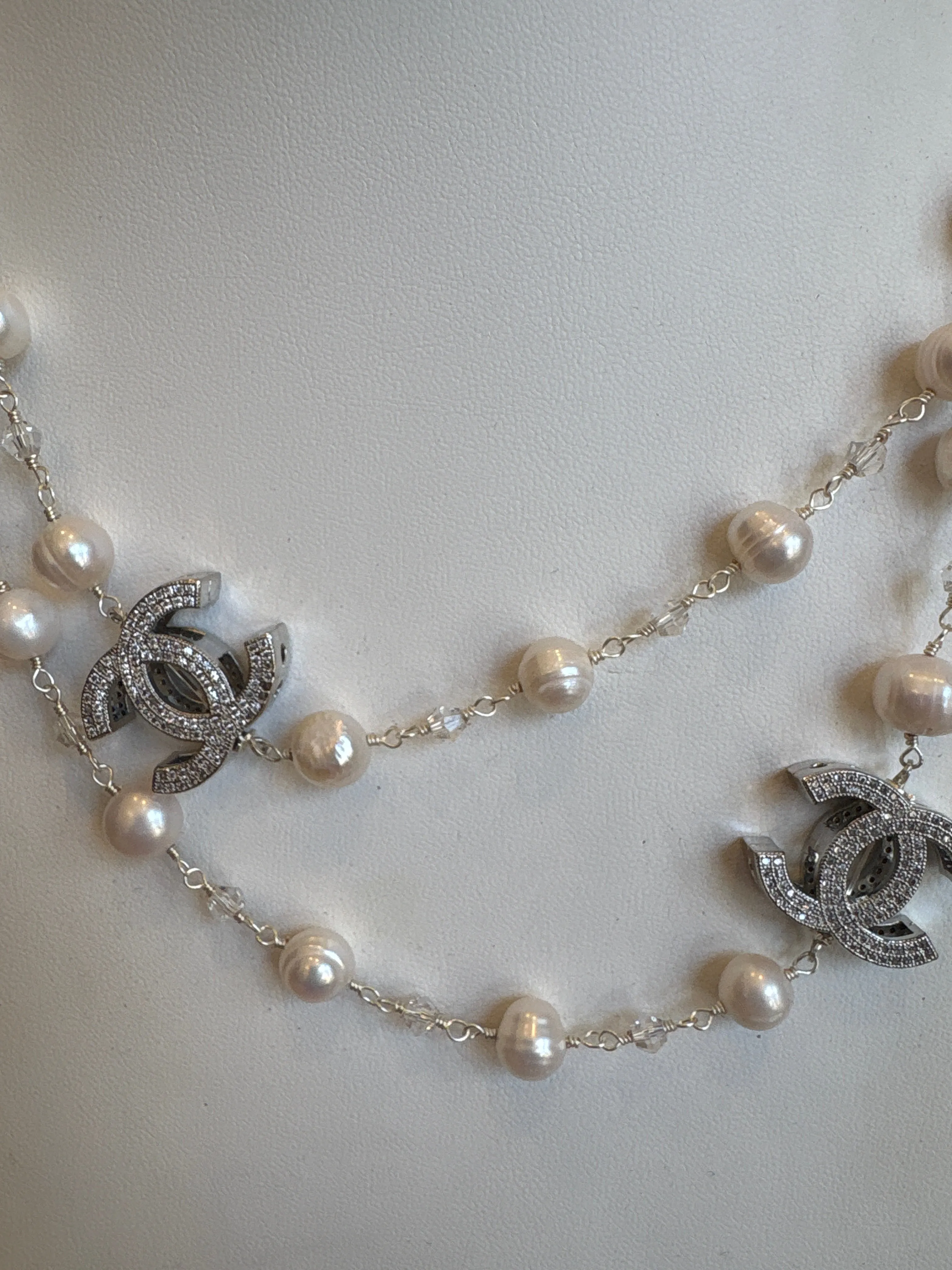 Ramina Pearls BIG CC Symbol White Pearls & Crystals Necklace