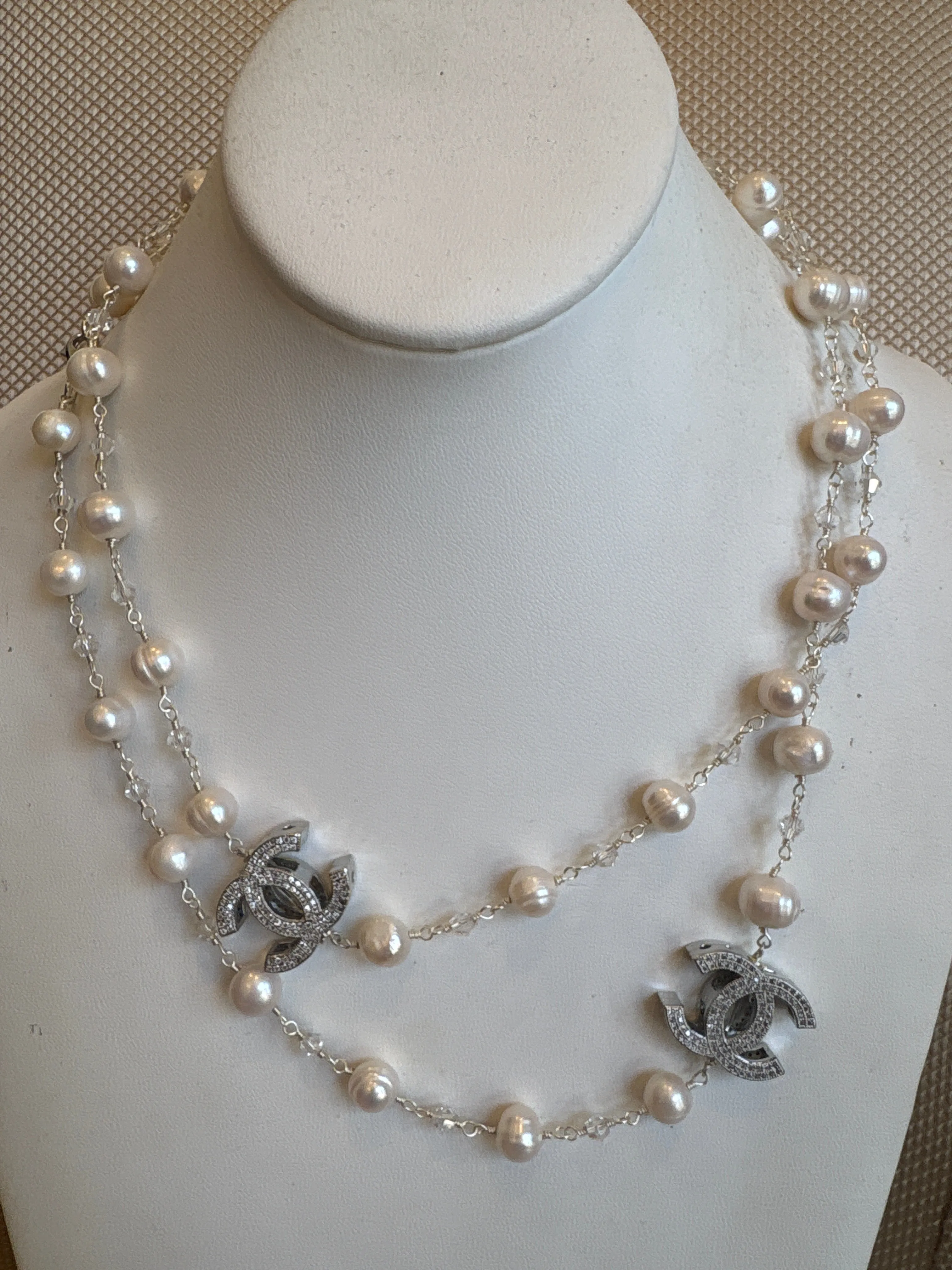Ramina Pearls BIG CC Symbol White Pearls & Crystals Necklace