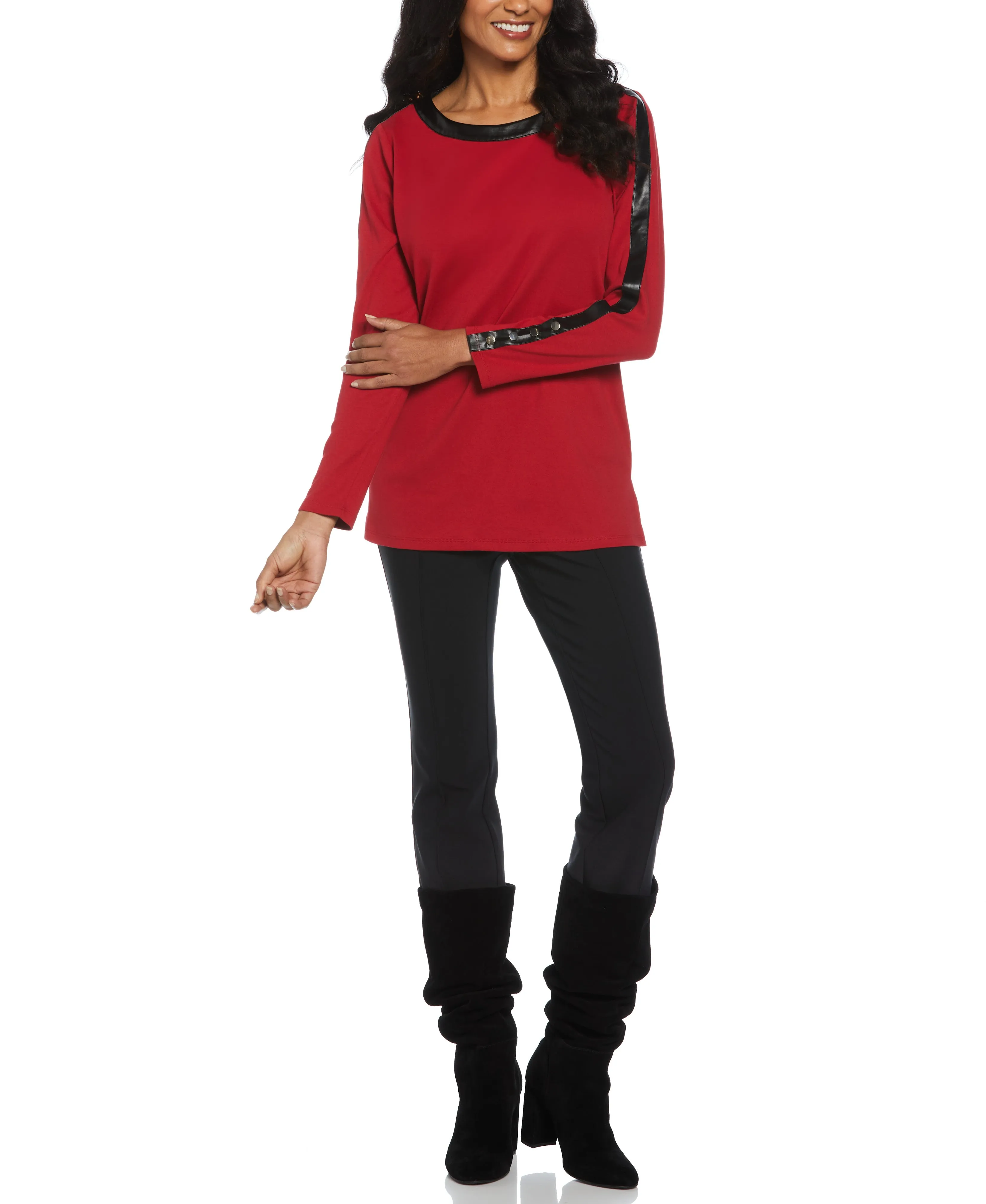 Ribbed PU Trim Tunic Top