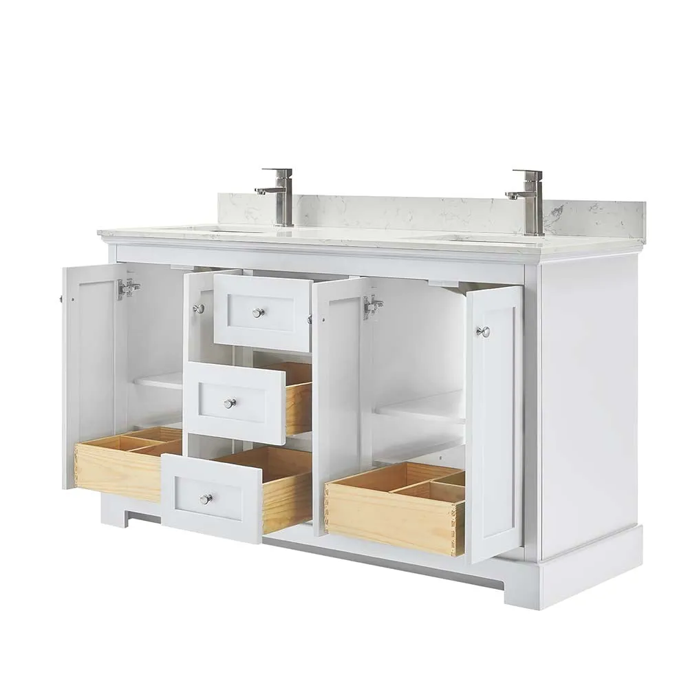 Ryla 60 Inch Double Bathroom Vanity in White, Carrara Cultured Marble Countertop, Undermount Square Sinks, No Mirror