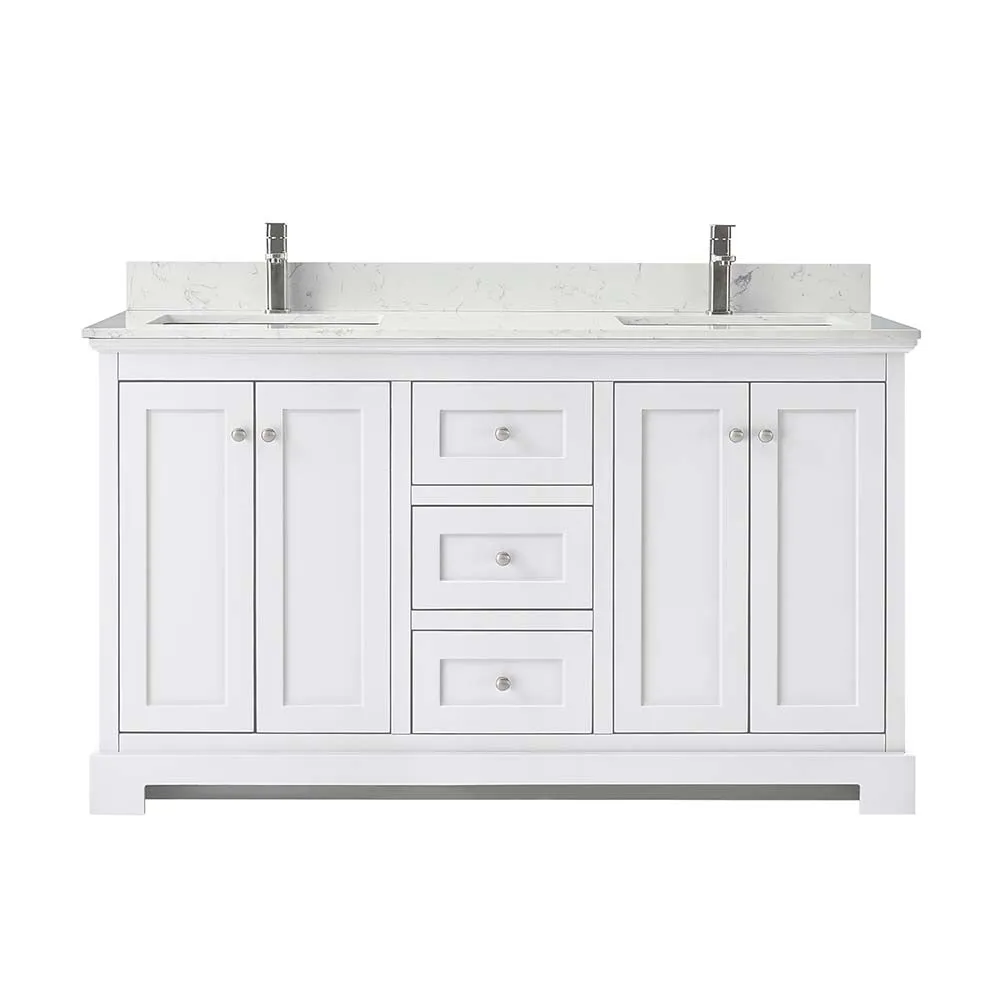 Ryla 60 Inch Double Bathroom Vanity in White, Carrara Cultured Marble Countertop, Undermount Square Sinks, No Mirror