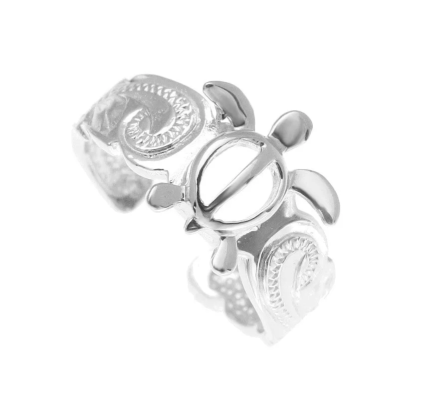 SILVER 925 HAWAIIAN HONU SEA TURTLE SCROLL TOE RING CUT OUT SCALLOP EDGE RHODIUM