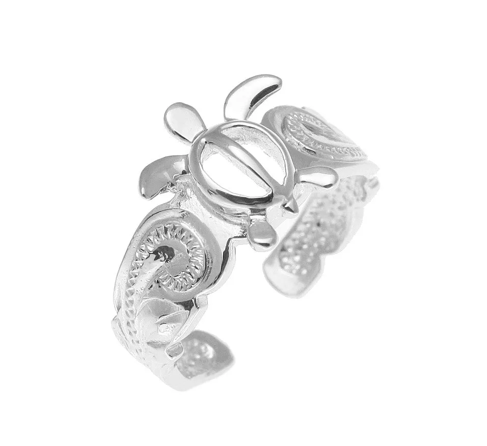 SILVER 925 HAWAIIAN HONU SEA TURTLE SCROLL TOE RING CUT OUT SCALLOP EDGE RHODIUM