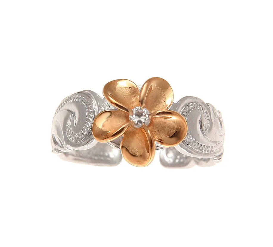 SILVER 925 HAWAIIAN PINK ROSE GOLD PLUMERIA SCROLL TOE RING CUT OUT EDGE RHODIUM