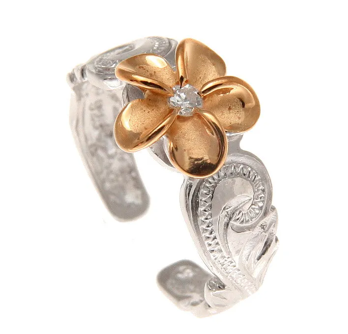 SILVER 925 HAWAIIAN PINK ROSE GOLD PLUMERIA SCROLL TOE RING CUT OUT EDGE RHODIUM