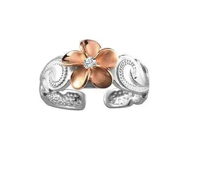 SILVER 925 HAWAIIAN PINK ROSE GOLD PLUMERIA SCROLL TOE RING CUT OUT EDGE RHODIUM
