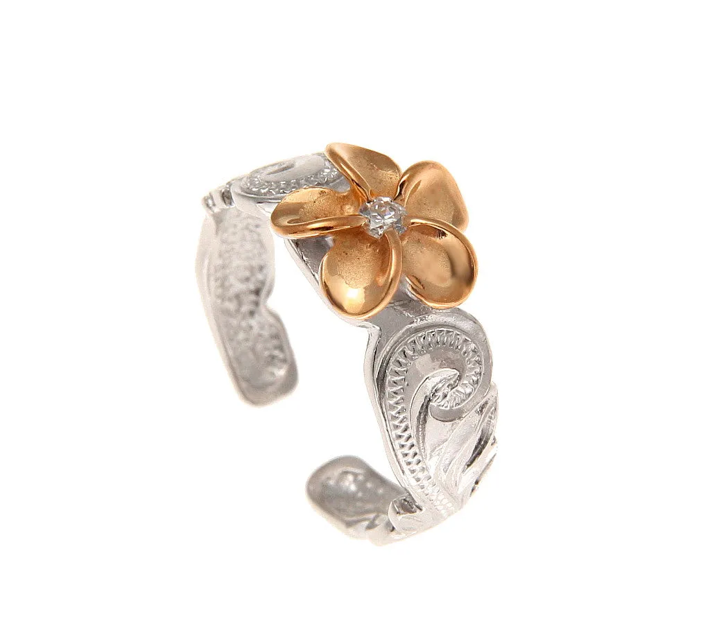 SILVER 925 HAWAIIAN PINK ROSE GOLD PLUMERIA SCROLL TOE RING CUT OUT EDGE RHODIUM