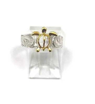 SILVER 925 HAWAIIAN YELLOW GOLD HONU SEA TURTLE SCROLL TOE RING CUT OUT RHODIUM