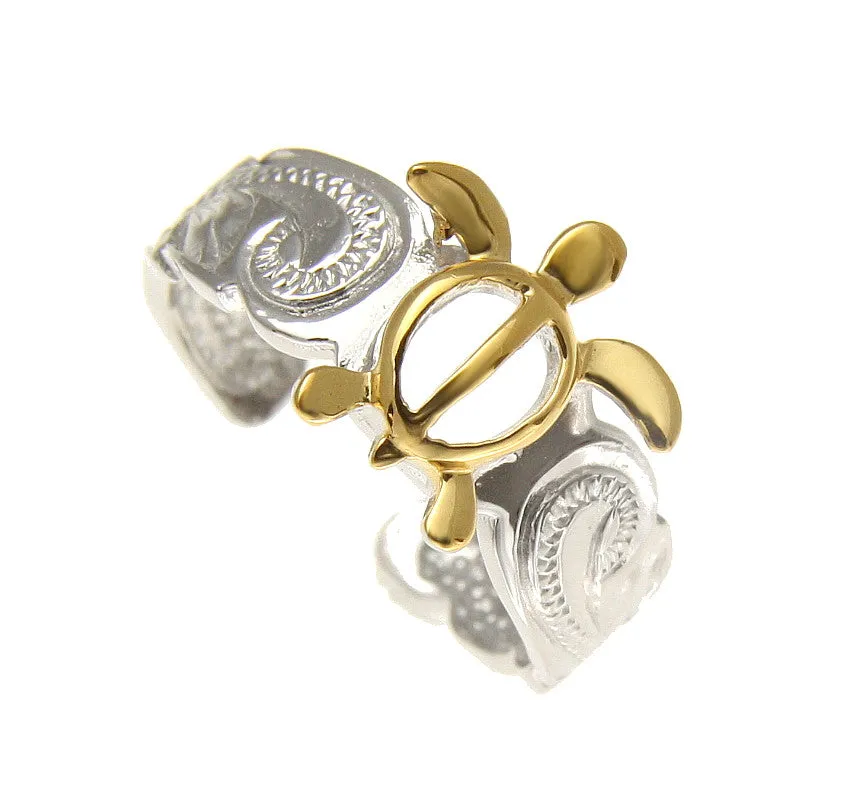 SILVER 925 HAWAIIAN YELLOW GOLD HONU SEA TURTLE SCROLL TOE RING CUT OUT RHODIUM
