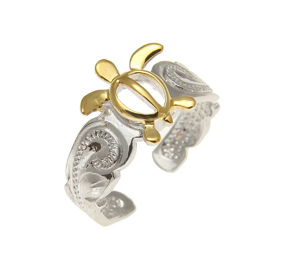 SILVER 925 HAWAIIAN YELLOW GOLD HONU SEA TURTLE SCROLL TOE RING CUT OUT RHODIUM