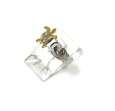SILVER 925 HAWAIIAN YELLOW GOLD HONU SEA TURTLE SCROLL TOE RING CUT OUT RHODIUM